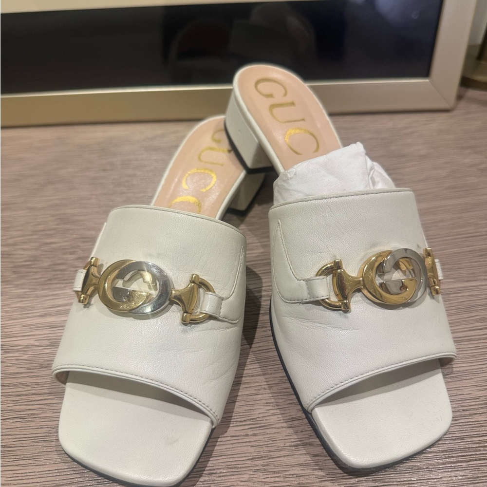 Gucci Women's Cream Mules with Gold Accents